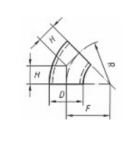 45°-Rohrbogen - Maße H (Mitte-Ende), F und Radius R